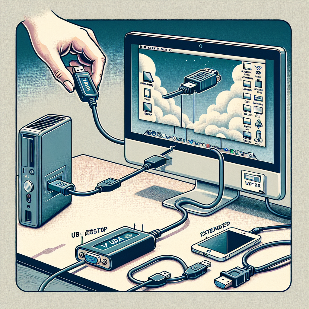 "Illustration of a USB to VGA adapter connecting a laptop to a monitor, demonstrating the process of extending a desktop display for enhanced productivity."